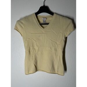 100%‎ Cashmere V Neck Shirt Short Sleeve Baby Pastel Yellow Sz S Kenar